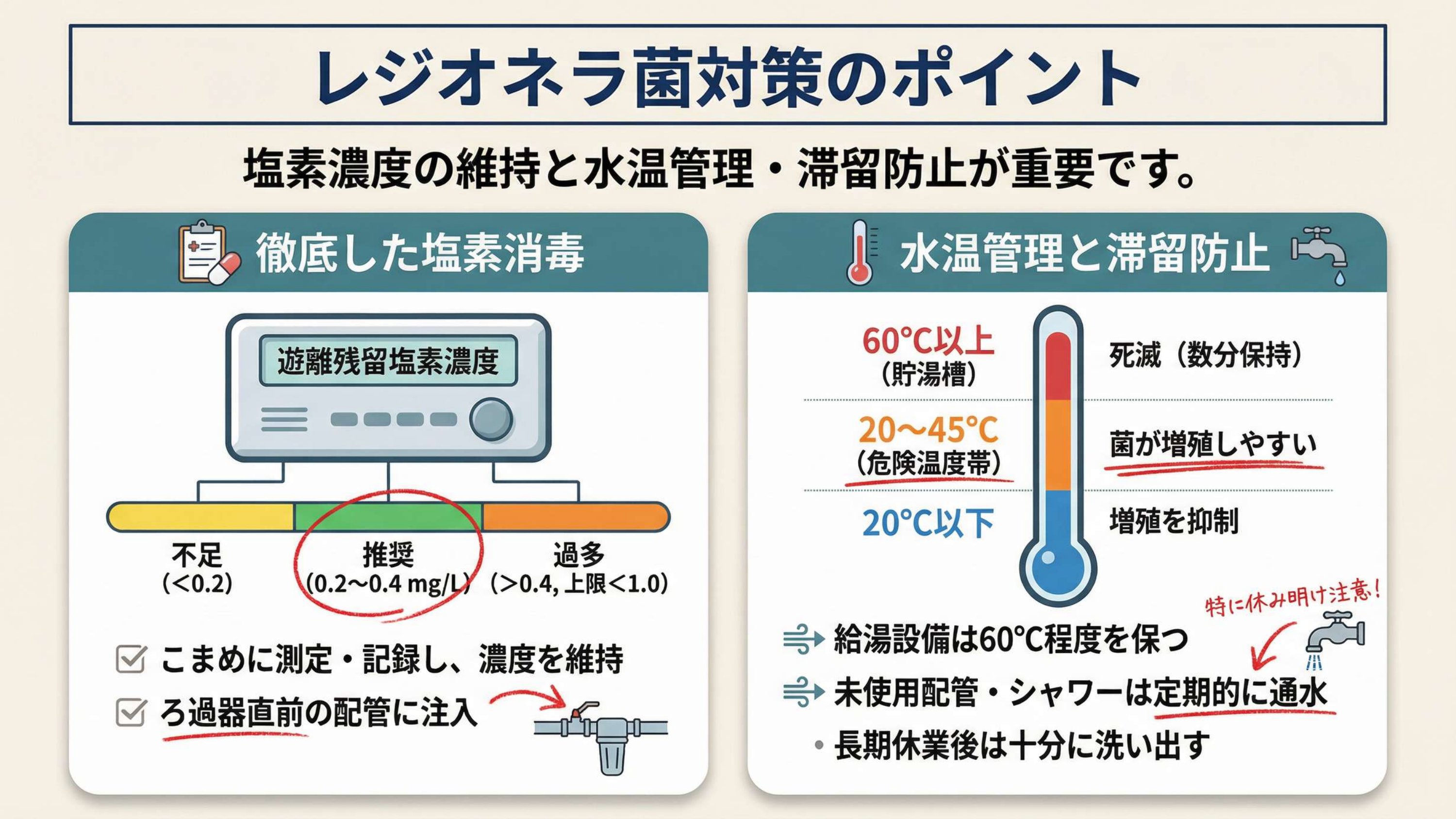 カギは塩素濃度と水温管理
